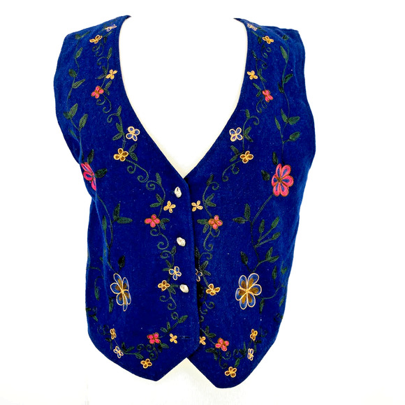 Vintage Pasta Sweater Vest Women Large Blue Wool Floral Embroidered Button Down - Picture 1 of 8